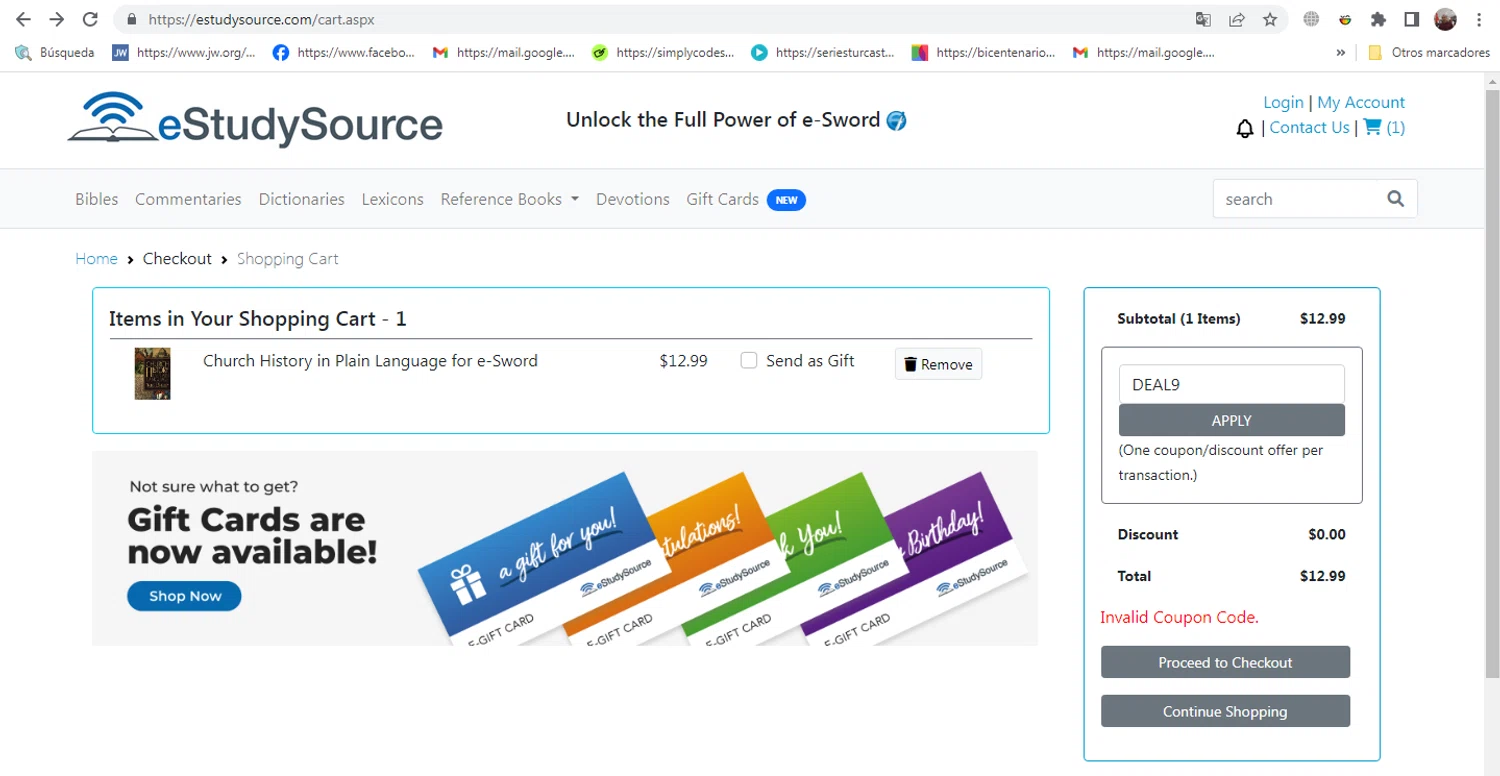 eStudySource.com coupon code screenshot showing code DEAL9 applied at eStudySource.com checkout page. Uploaded by SimplyCodes community member MarinaDelgado on Jan 19, 2025