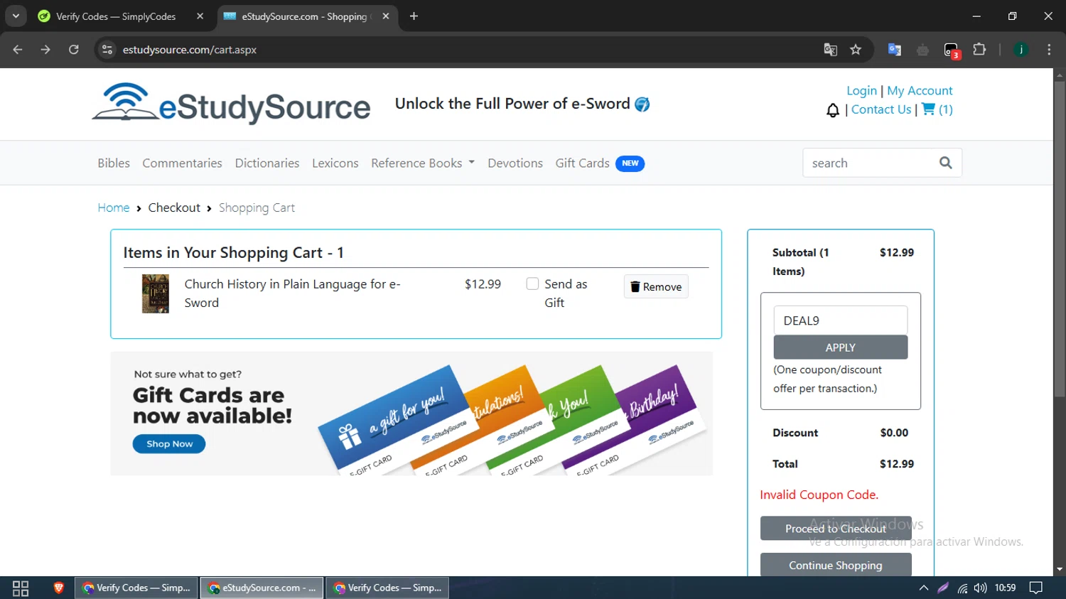 eStudySource.com coupon code screenshot showing code DEAL9 applied at eStudySource.com checkout page. Uploaded by SimplyCodes community member SmartMaven8764 on Jan 19, 2025