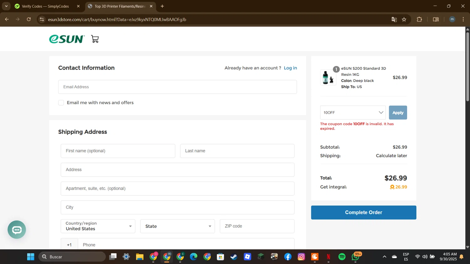 eSUN discount code screenshot showing code 10OFF applied at eSUN checkout page. Uploaded by SimplyCodes community member DTBERA2024 on Sep 30, 2025