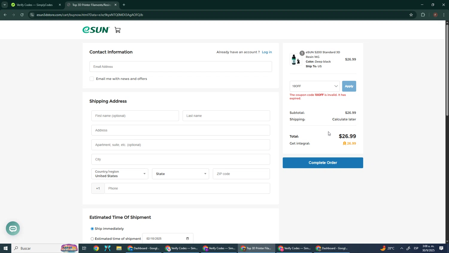 eSUN discount code screenshot showing code 10OFF applied at eSUN checkout page. Uploaded by SimplyCodes community member Pirlo420 on Sep 30, 2025