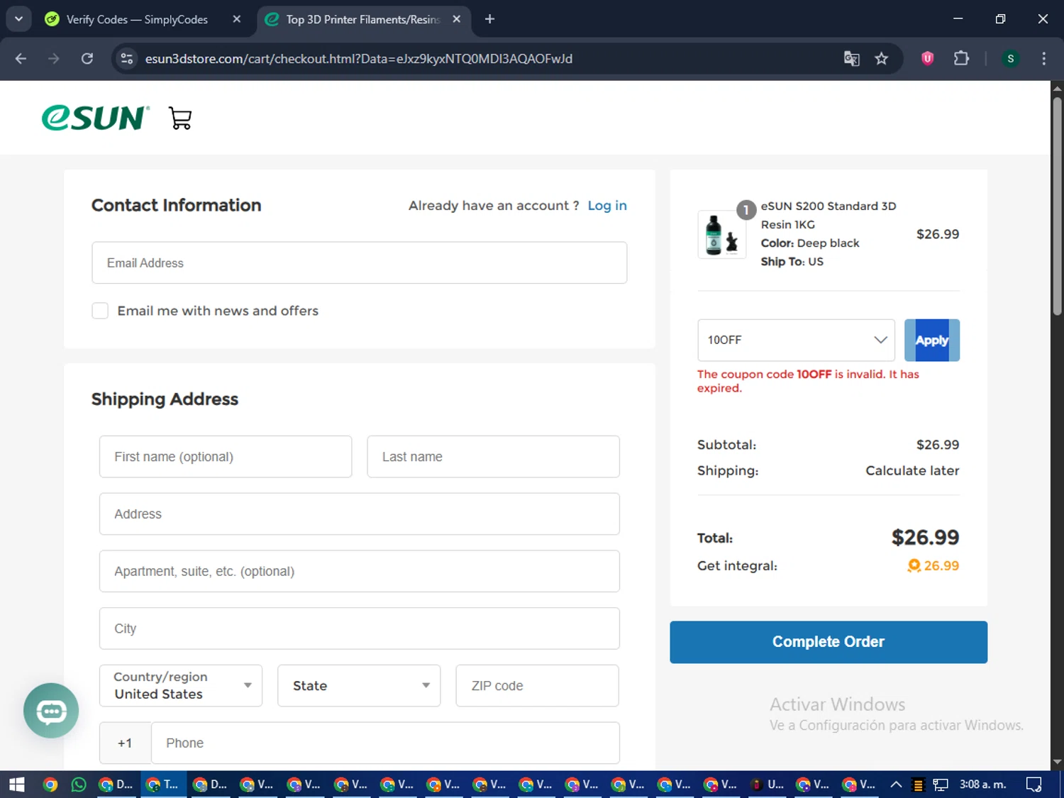 eSUN discount code screenshot showing code 10OFF applied at eSUN checkout page. Uploaded by SimplyCodes community member lilMosey on Sep 30, 2025