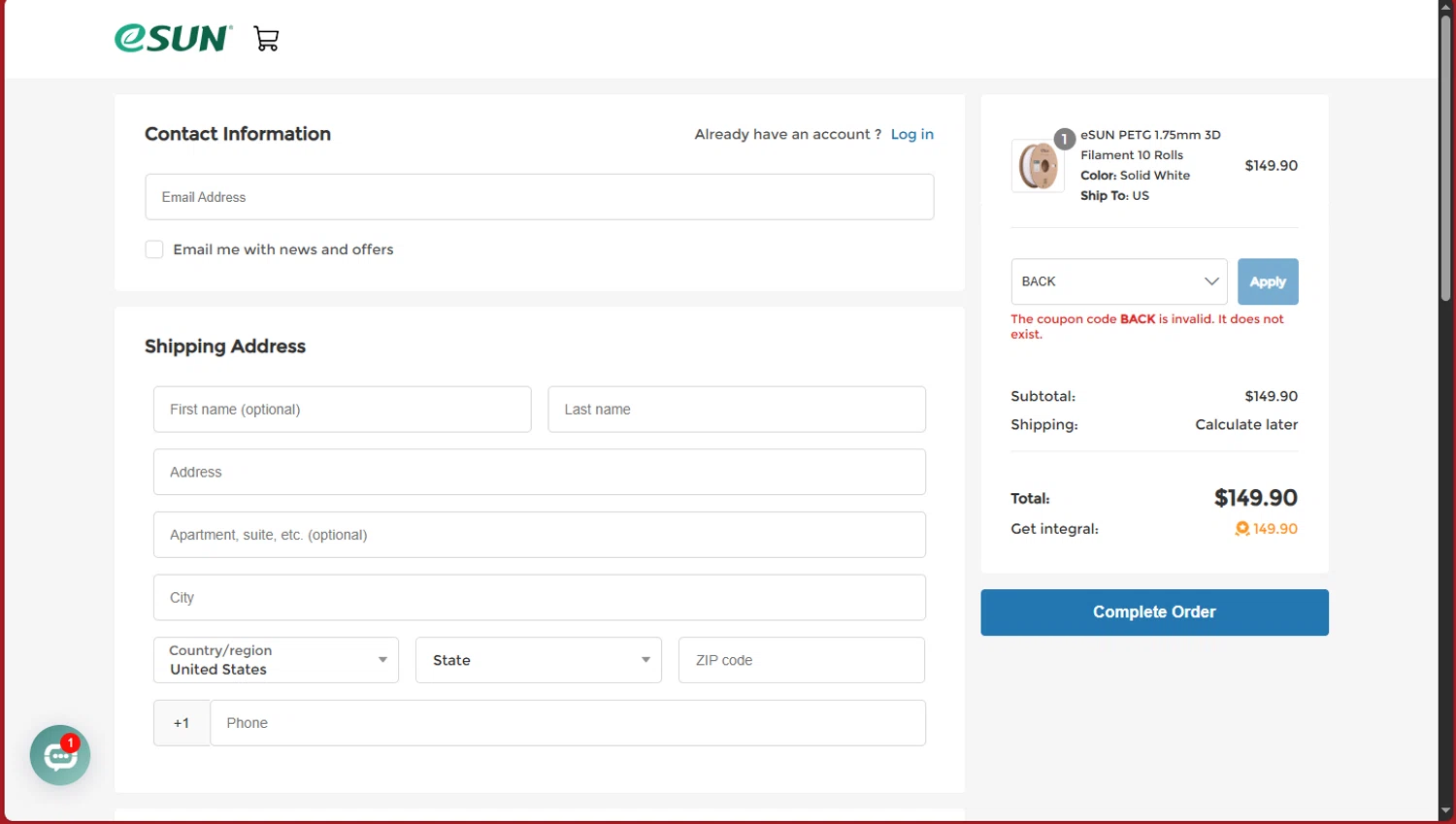 eSUN discount code screenshot showing code BACK applied at eSUN checkout page. Uploaded by SimplyCodes community member tokiio on Dec 27, 2025