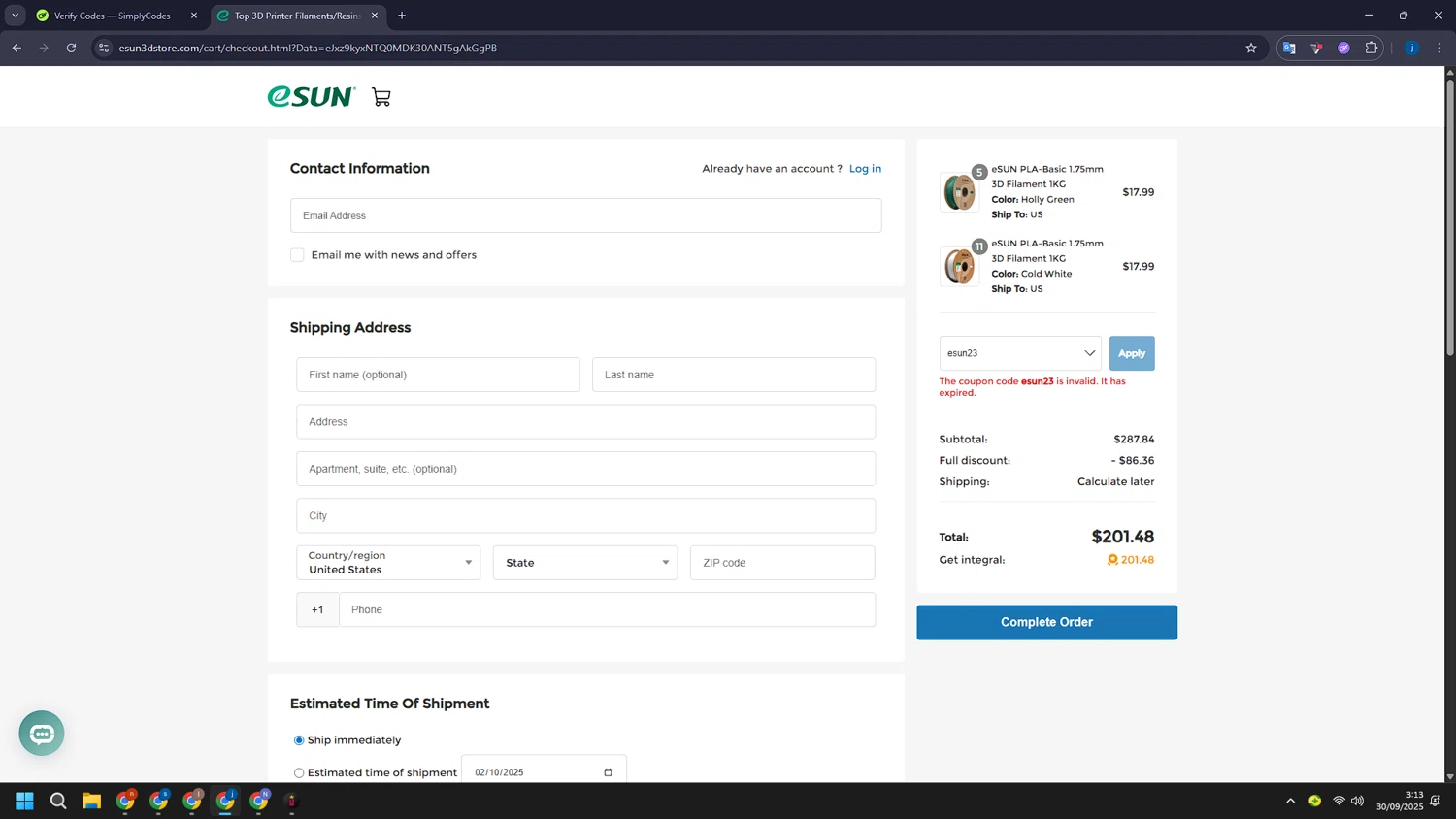 eSUN discount code screenshot showing code esun23 applied at eSUN checkout page. Uploaded by SimplyCodes community member CashLegend3767 on Sep 30, 2025