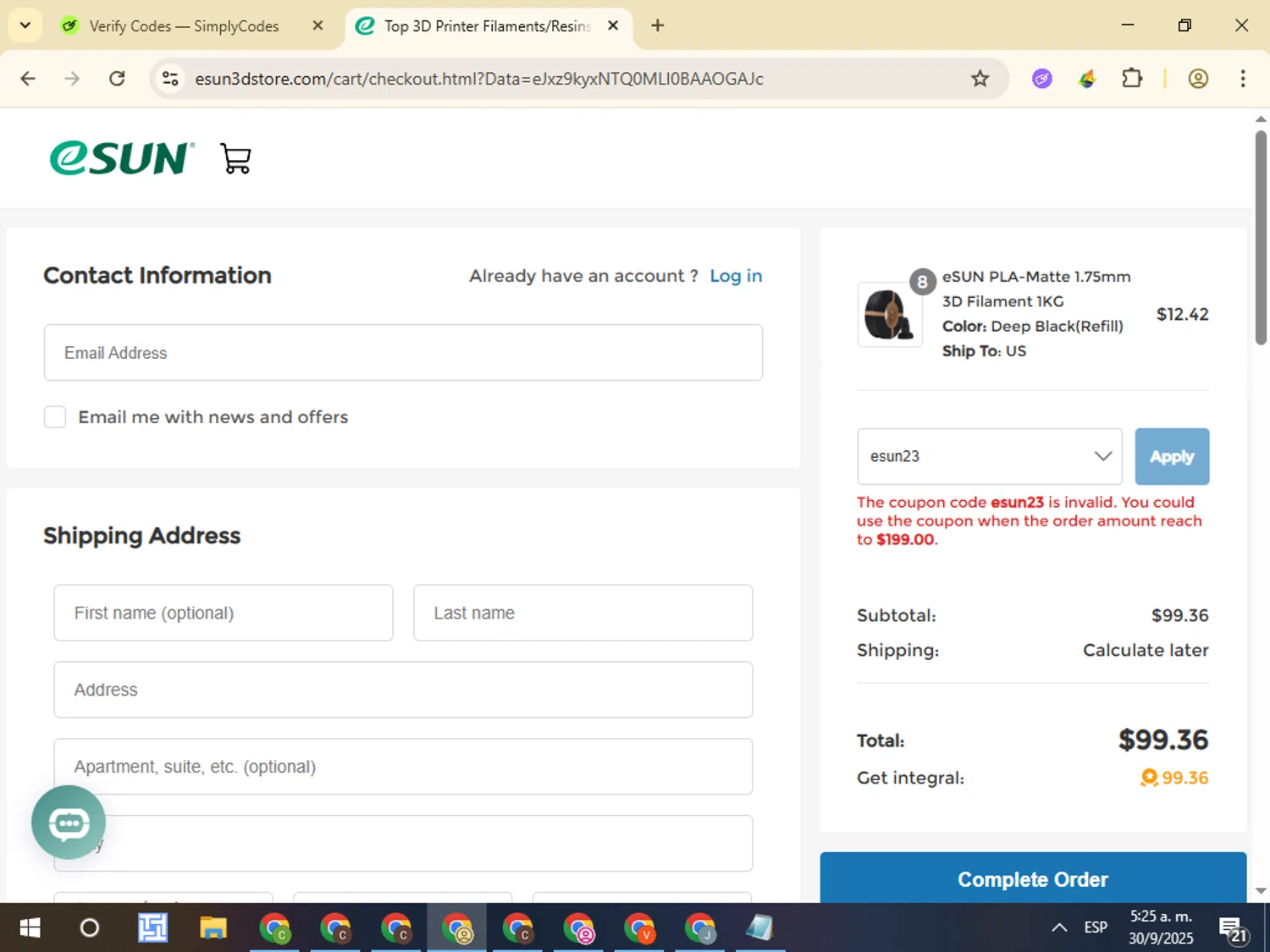 eSUN discount code screenshot showing code esun23 applied at eSUN checkout page. Uploaded by SimplyCodes community member VictorL on Sep 30, 2025