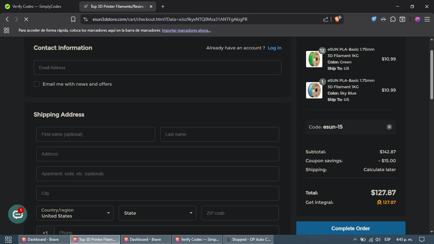 eSUN discount code screenshot showing code esun-15 applied at eSUN checkout page. Uploaded by SimplyCodes community member DazzLL on Oct 31, 2025