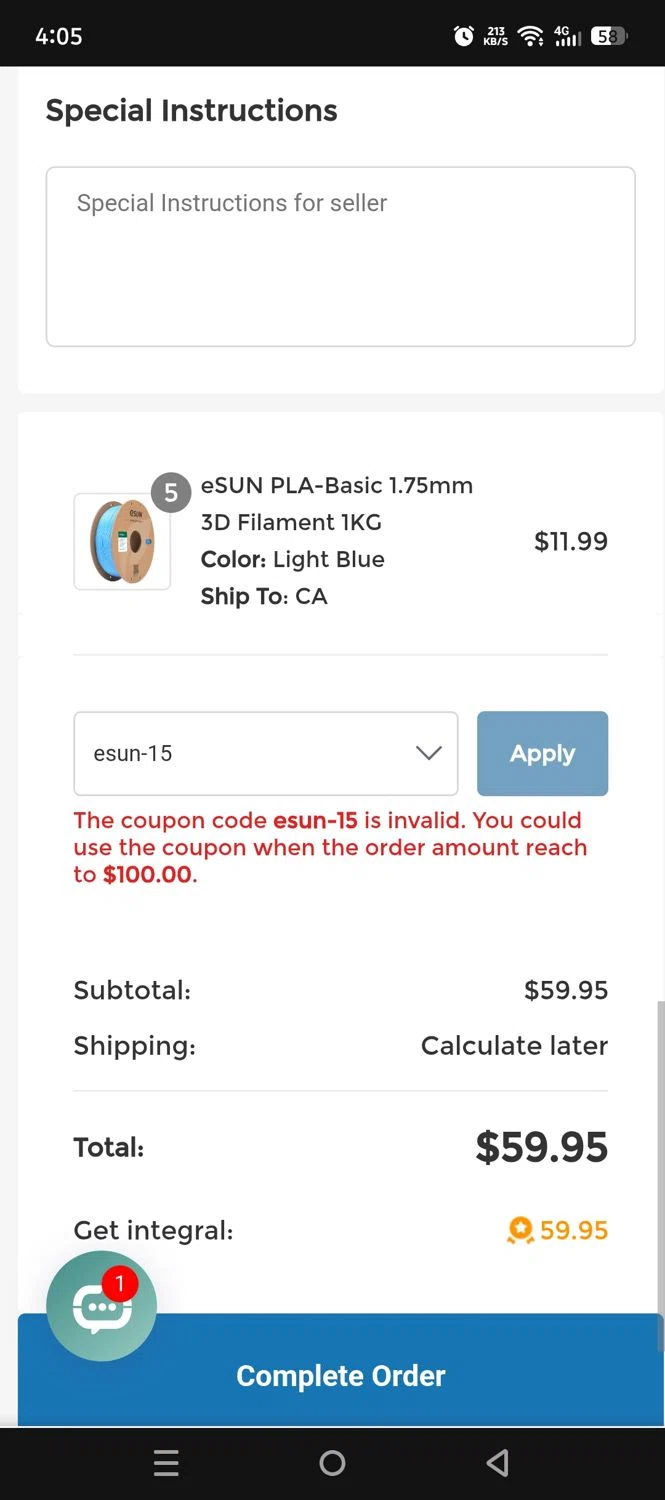 eSUN discount code screenshot showing code esun-15 applied at eSUN checkout page. Uploaded by SimplyCodes community member DiscountLion3937 on Oct 31, 2025