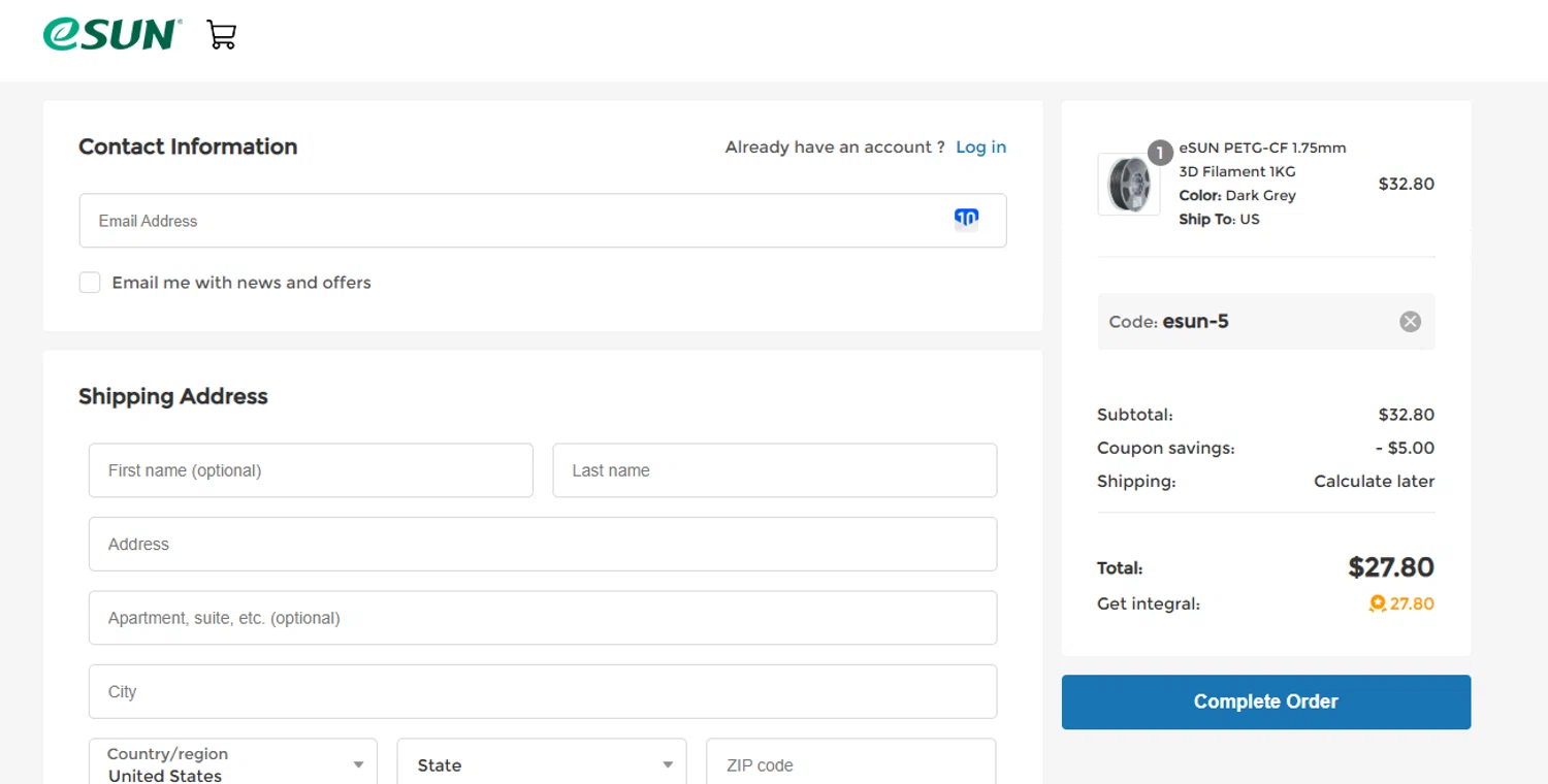 eSUN discount code screenshot showing code esun-5 applied at eSUN checkout page. Uploaded by SimplyCodes community member Westcoll on Nov 17, 2025
