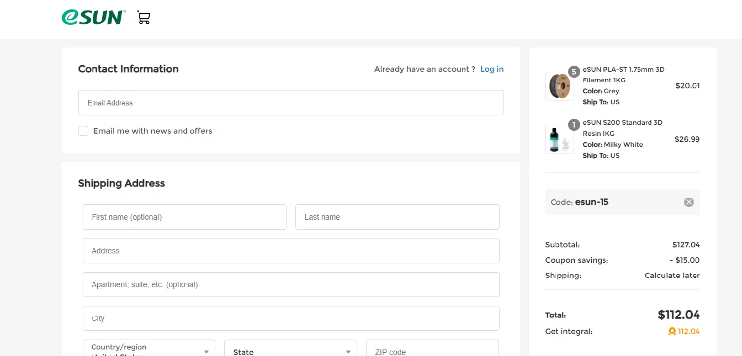 eSUN discount code screenshot showing code esun-15 applied at eSUN checkout page. Uploaded by SimplyCodes community member ashe1986 on Oct 2, 2025