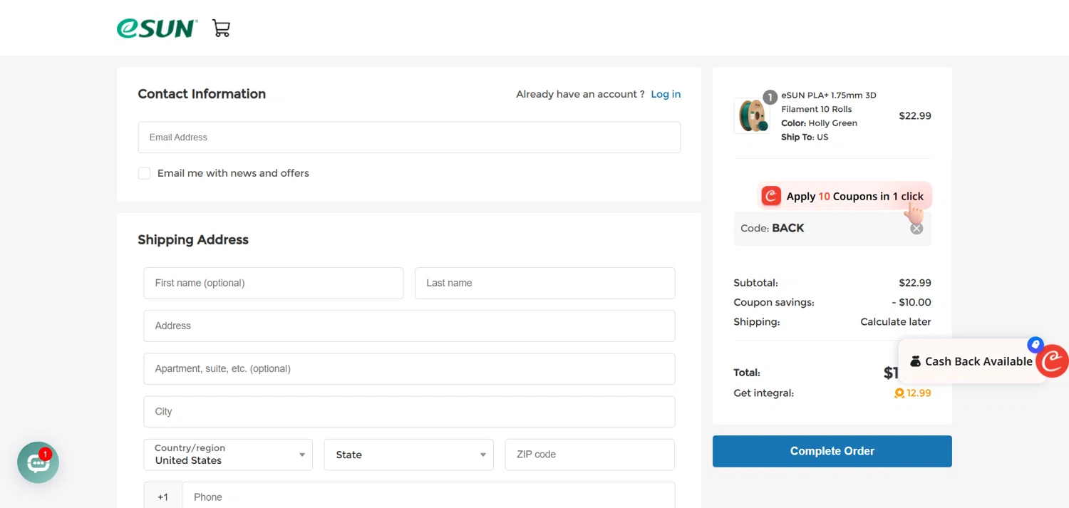 eSUN discount code screenshot showing code BACK applied at eSUN checkout page. Uploaded by SimplyCodes community member marielysmorales on Sep 14, 2025