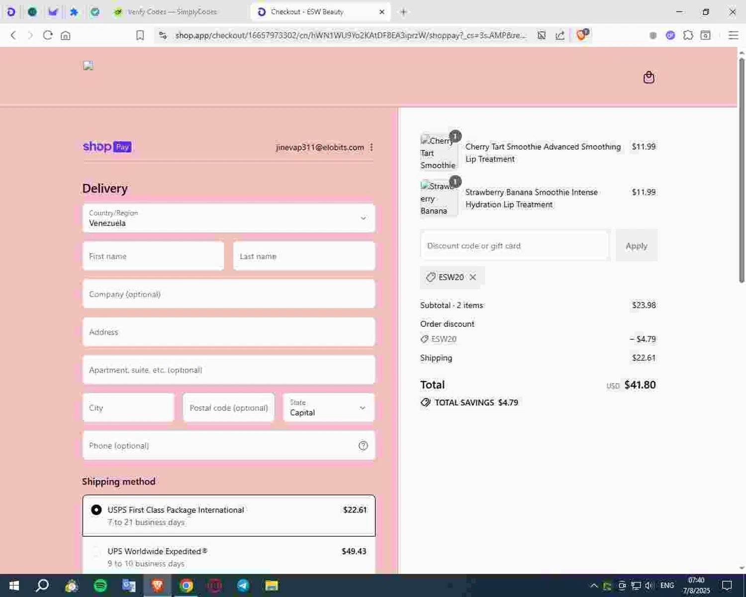 ESW Beauty promo code screenshot showing code ESW20 applied at ESW Beauty checkout page. Uploaded by SimplyCodes community member Deadpool on Aug 7, 2025