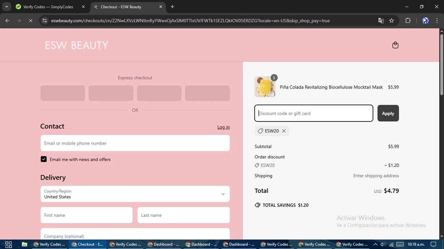 ESW Beauty promo code screenshot showing code ESW20 applied at ESW Beauty checkout page. Uploaded by SimplyCodes community member WiseHunter8213 on Apr 18, 2025