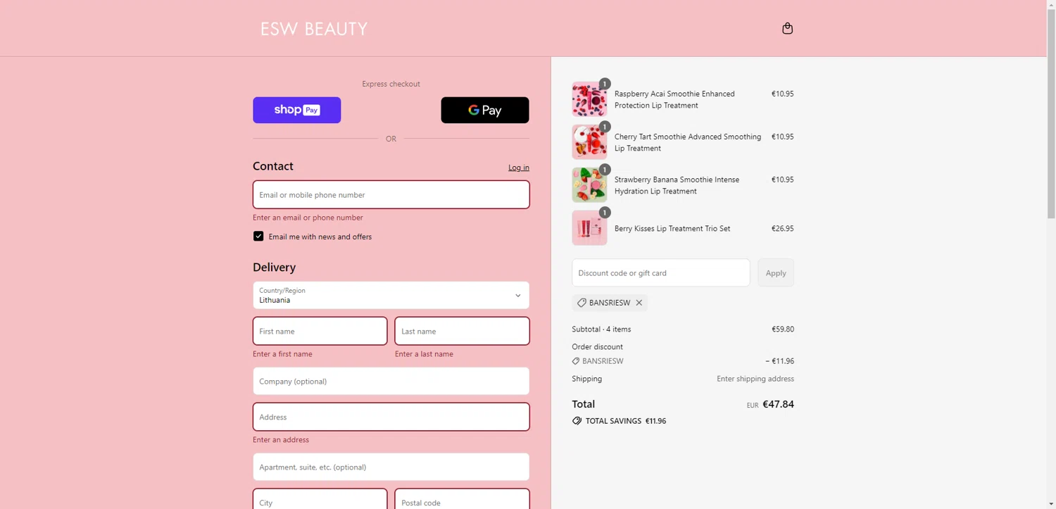 ESW Beauty promo code screenshot showing code BANSRIESW applied at ESW Beauty checkout page. Uploaded by SimplyCodes community member DiscountWarden480 on Aug 7, 2025