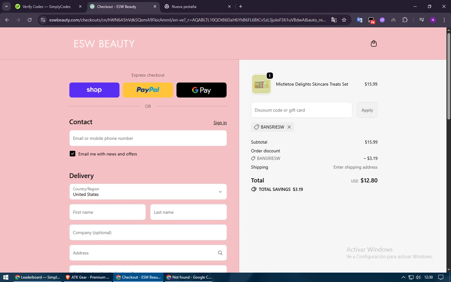 ESW Beauty promo code screenshot showing code BANSRIESW applied at ESW Beauty checkout page. Uploaded by SimplyCodes community member Voucher200 on Dec 7, 2025