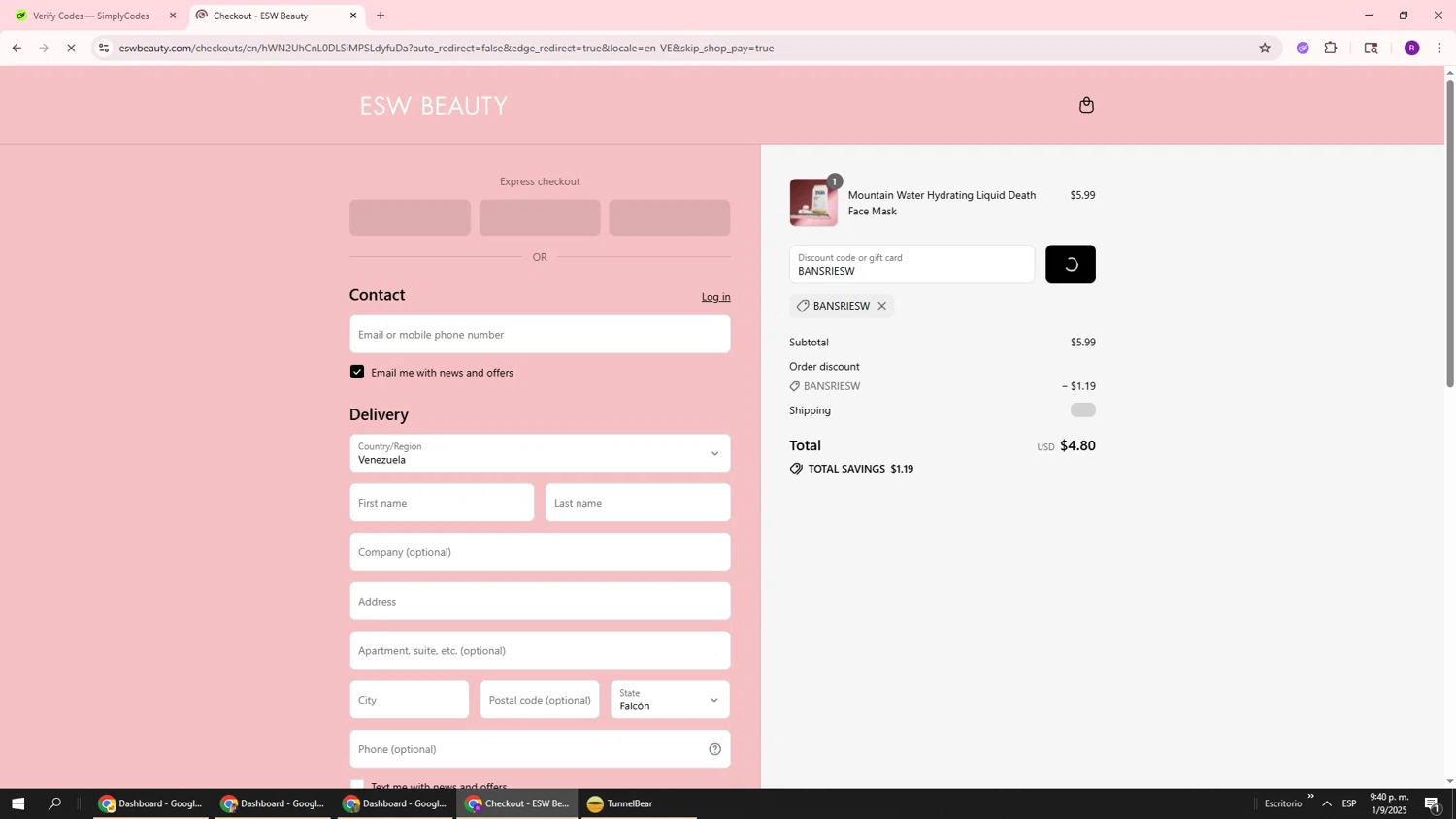 ESW Beauty promo code screenshot showing code BANSRIESW applied at ESW Beauty checkout page. Uploaded by SimplyCodes community member ukemochi on Sep 2, 2025