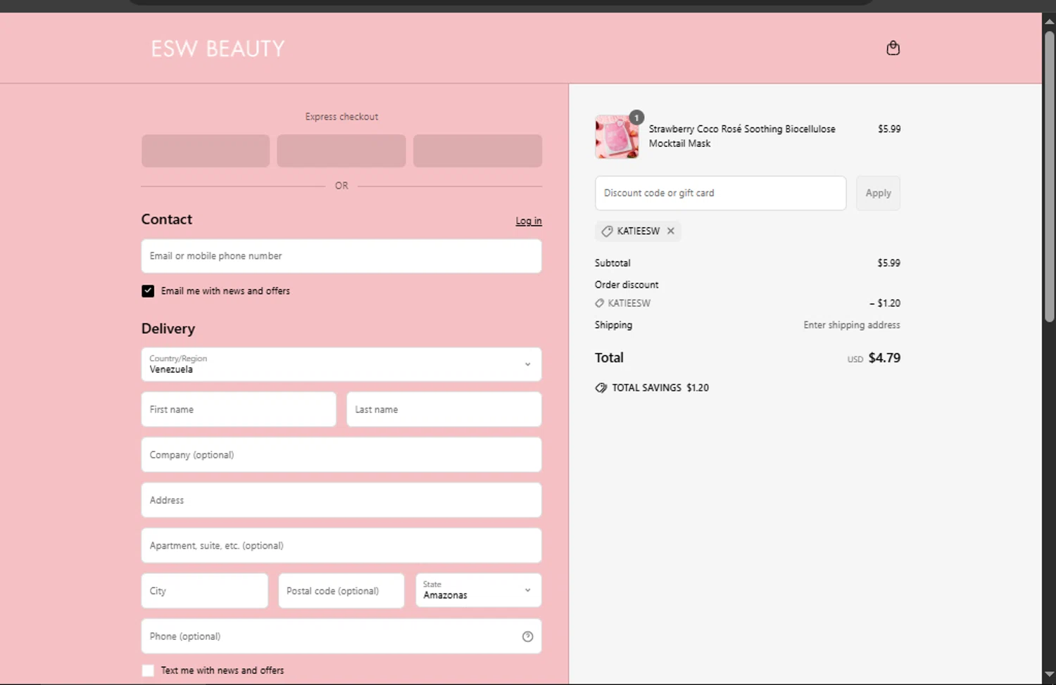 ESW Beauty promo code screenshot showing code KATIEESW applied at ESW Beauty checkout page. Uploaded by SimplyCodes community member EpicChaser4293 on May 1, 2025