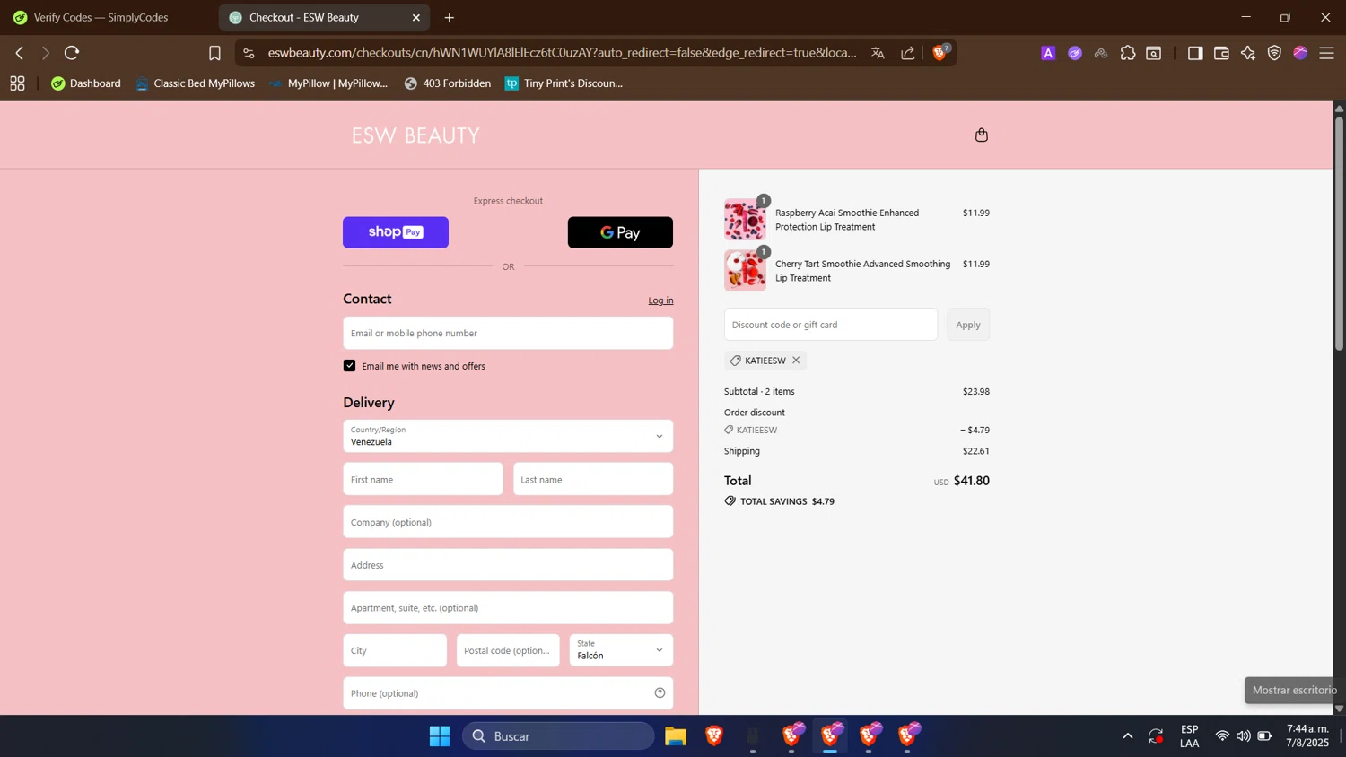 ESW Beauty promo code screenshot showing code KATIEESW applied at ESW Beauty checkout page. Uploaded by SimplyCodes community member TokenTitan4464 on Aug 7, 2025