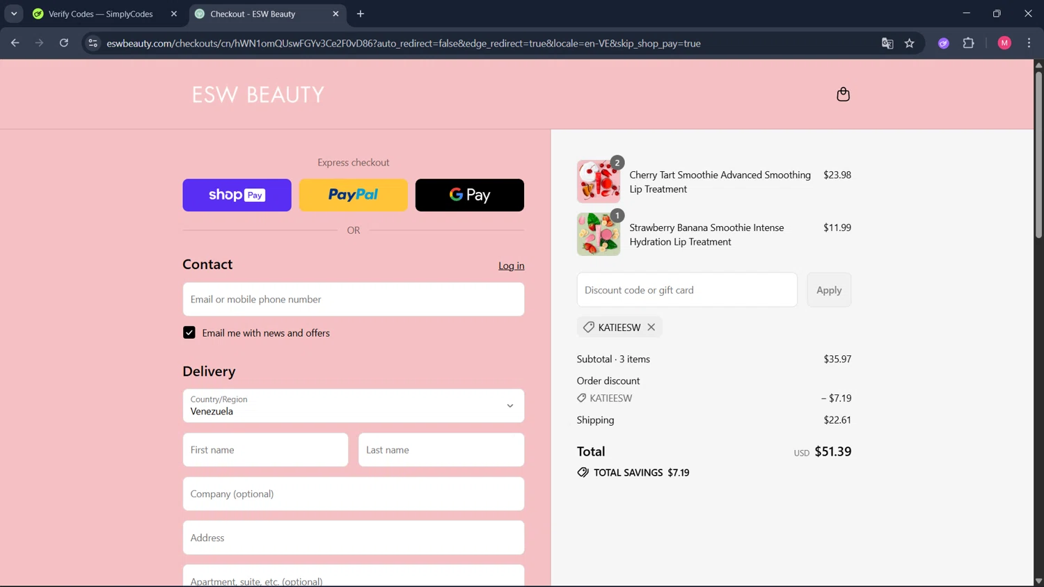 ESW Beauty promo code screenshot showing code KATIEESW applied at ESW Beauty checkout page. Uploaded by SimplyCodes community member ValueCollector4159 on Aug 15, 2025