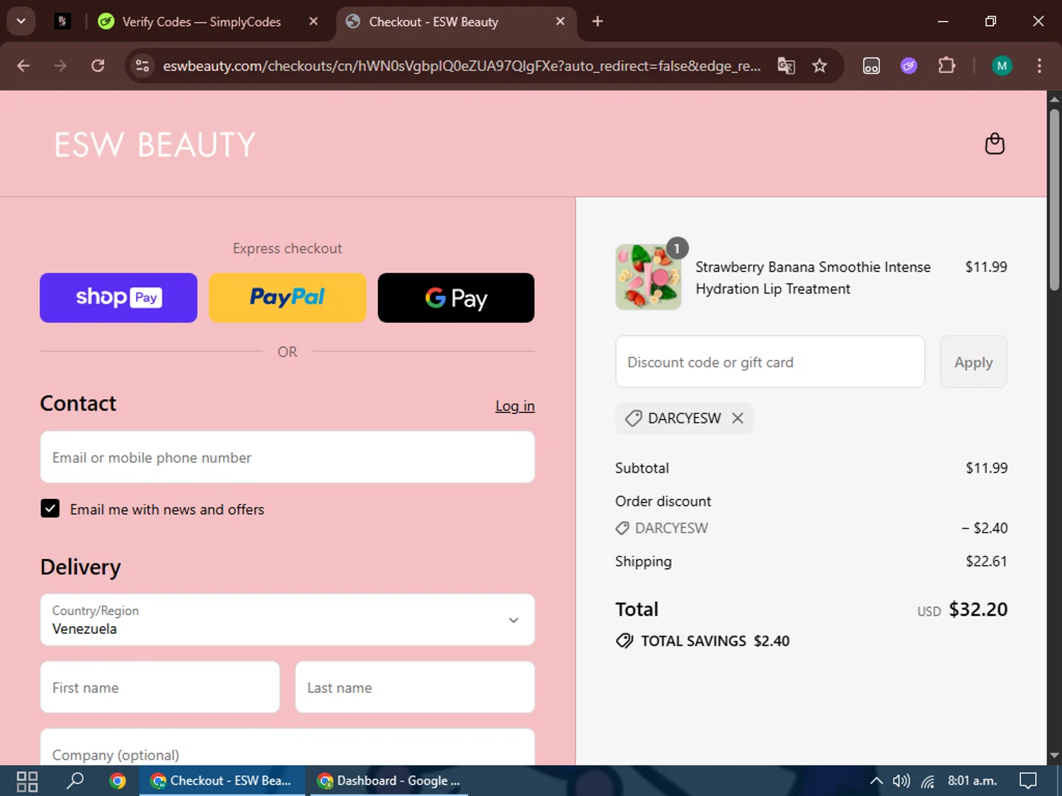 ESW Beauty promo code screenshot showing code DARCYESW applied at ESW Beauty checkout page. Uploaded by SimplyCodes community member GleynnethR on Jul 21, 2025