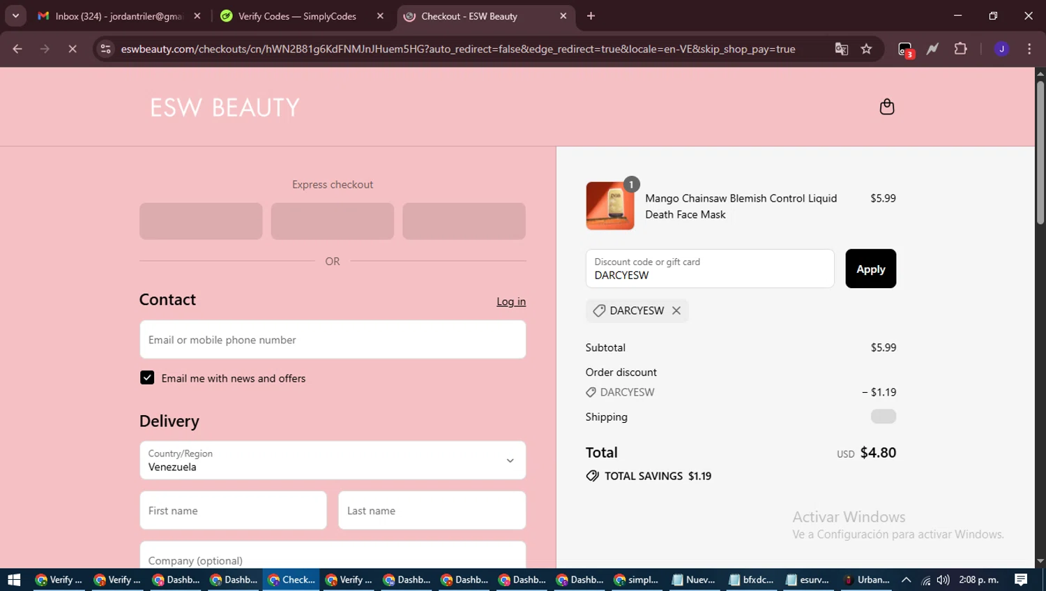 ESW Beauty promo code screenshot showing code DARCYESW applied at ESW Beauty checkout page. Uploaded by SimplyCodes community member LegendaryLegend9872 on Aug 24, 2025