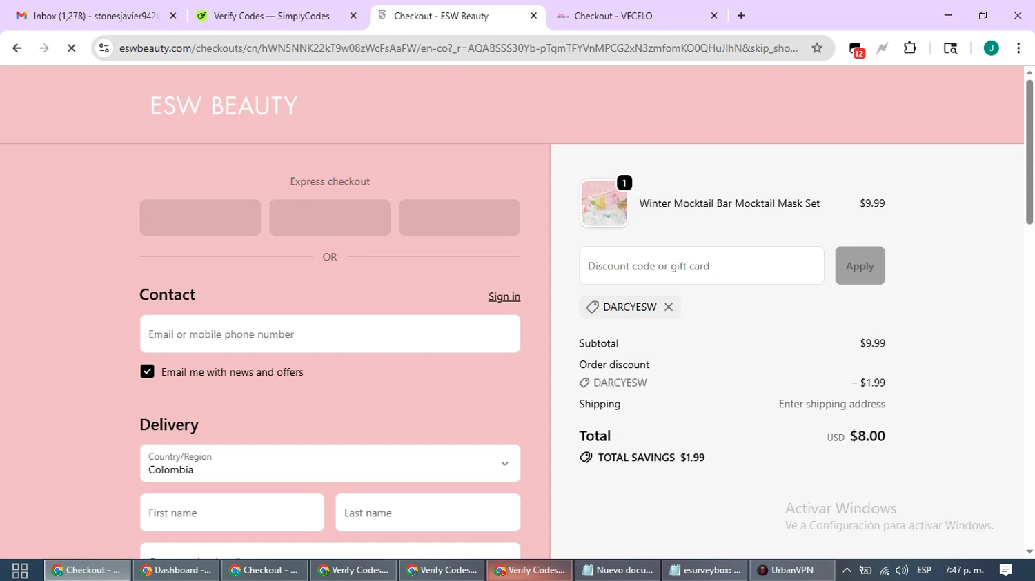 ESW Beauty promo code screenshot showing code DARCYESW applied at ESW Beauty checkout page. Uploaded by SimplyCodes community member SavvyCurator1770 on Nov 16, 2025