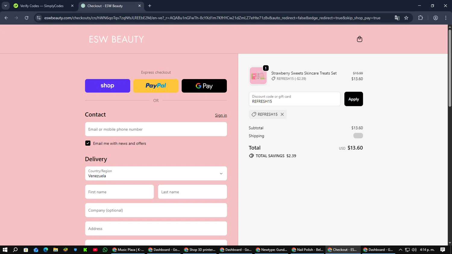 ESW Beauty checkout page showing ESW Beauty promo code box | Screenshot taken by SimplyCodes community member on Dec 25, 2025