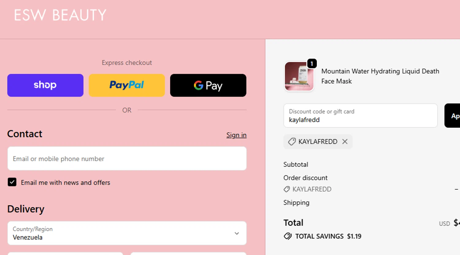 ESW Beauty promo code screenshot showing code kaylafredd applied at ESW Beauty checkout page. Uploaded by SimplyCodes community member Dejadepicharme on Oct 5, 2025