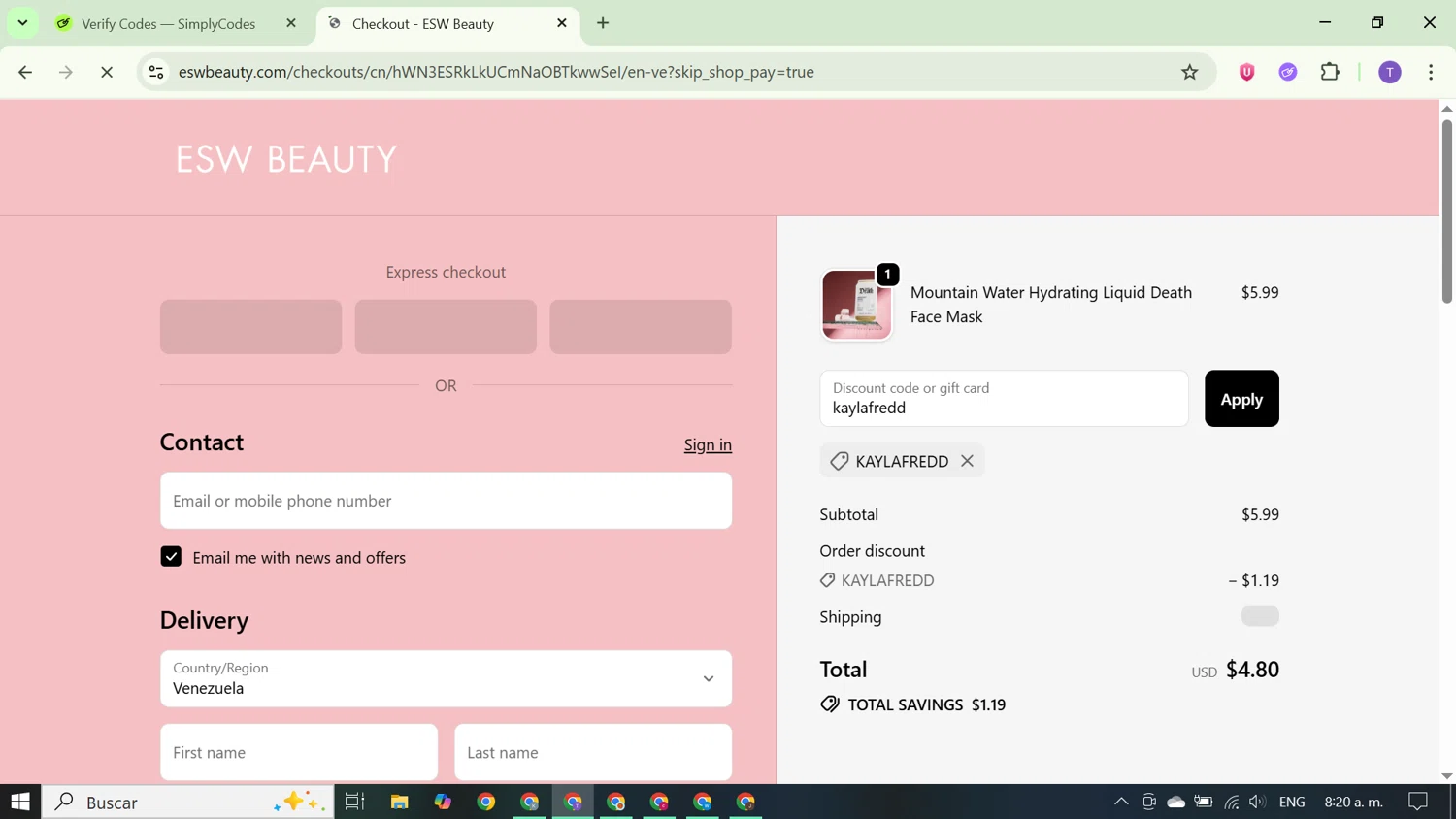 ESW Beauty promo code screenshot showing code kaylafredd applied at ESW Beauty checkout page. Uploaded by SimplyCodes community member FortunateCurator5882 on Sep 21, 2025