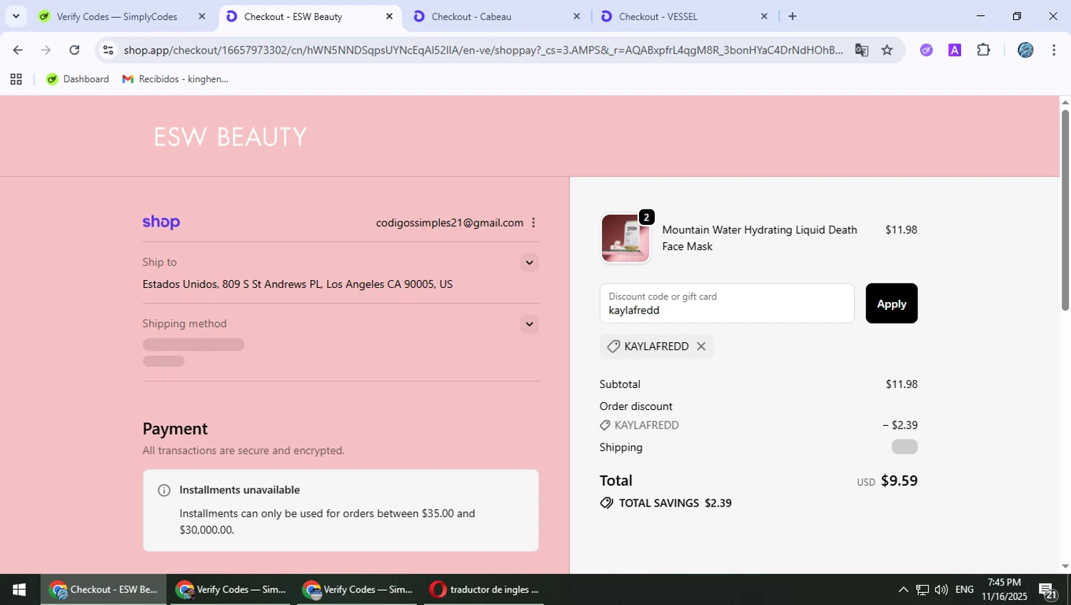 ESW Beauty promo code screenshot showing code kaylafredd applied at ESW Beauty checkout page. Uploaded by SimplyCodes community member PokeGOAT on Nov 16, 2025