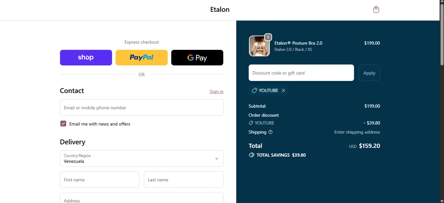 Etalon discount code screenshot showing code YOUTUBE applied at Etalon checkout page. Uploaded by SimplyCodes community member ______________ on Dec 27, 2025
