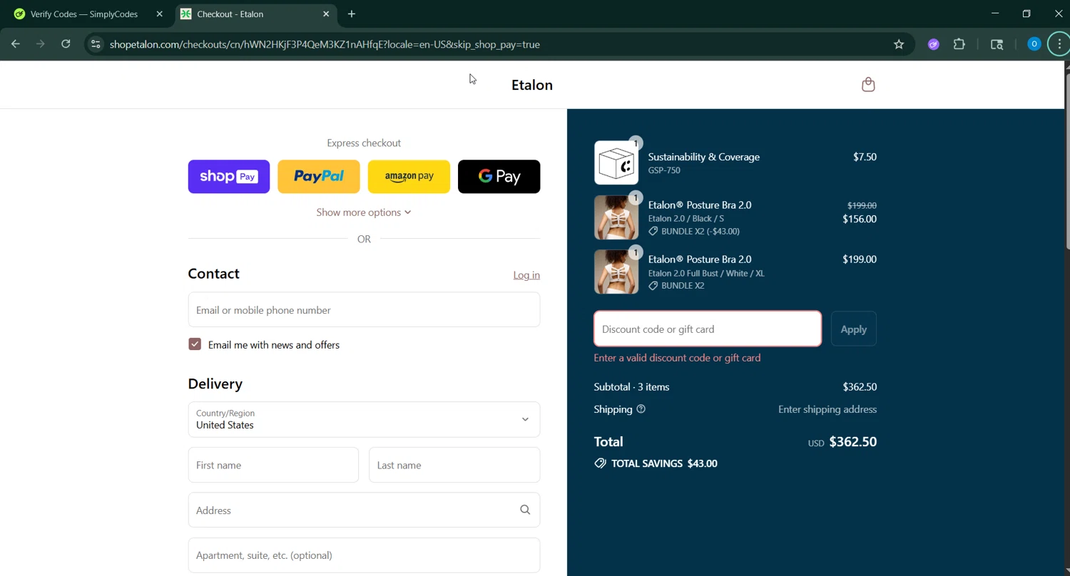 Etalon discount code screenshot showing code TikTok applied at Etalon checkout page. Uploaded by SimplyCodes community member GoldAdmiral5202 on Aug 27, 2025