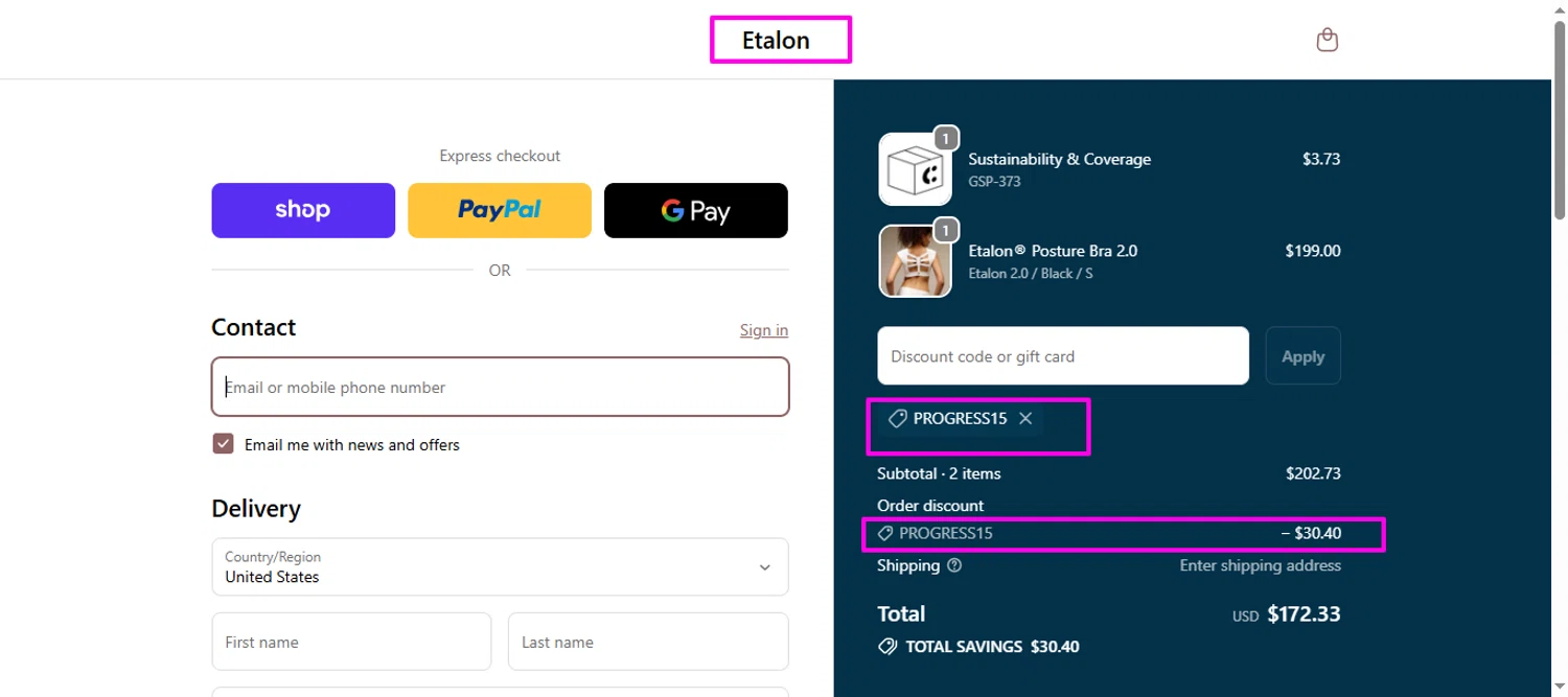 Etalon discount code screenshot showing code PROGRESS15 applied at Etalon checkout page. Uploaded by SimplyCodes community member mrdarcy on Dec 27, 2025