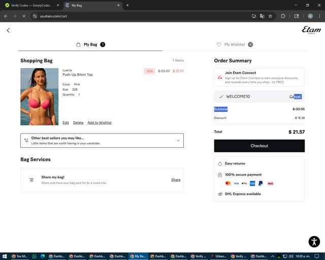 Etam checkout page showing Etam promo code box | Screenshot taken by SimplyCodes community member on Aug 8, 2025