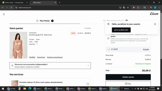 Etam checkout page showing Etam promo code box | Screenshot taken by SimplyCodes community member on Aug 11, 2025