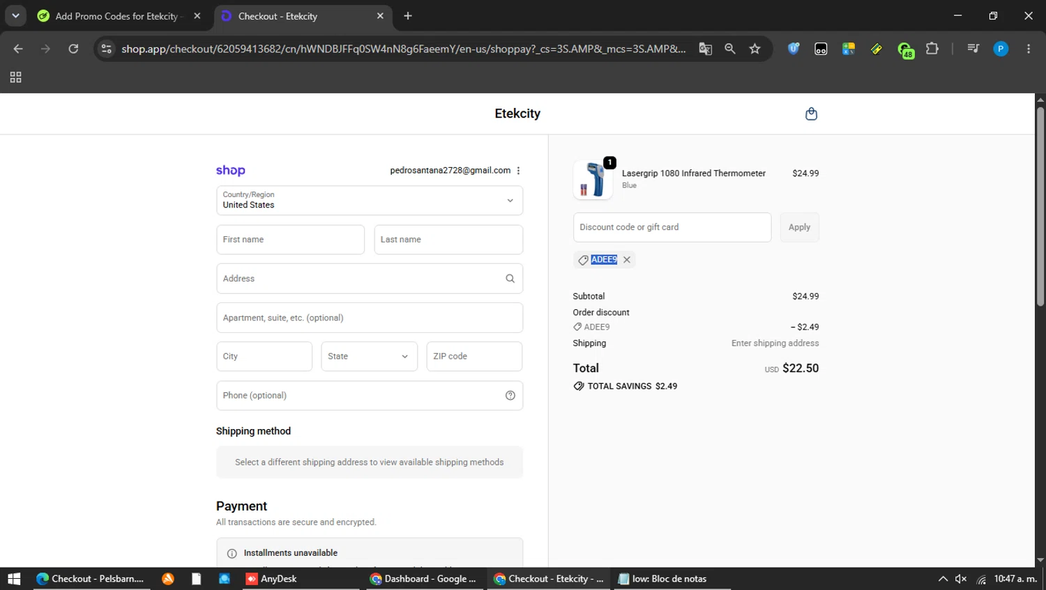 Etekcity promo code screenshot showing code ADEE9 applied at Etekcity checkout page. Uploaded by SimplyCodes community member MAVESA on Jun 10, 2026