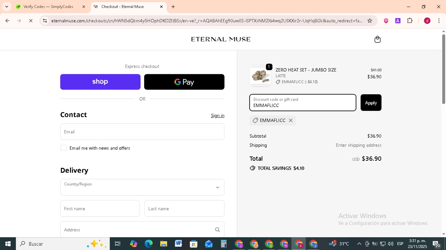 Eternal Muse discount code screenshot showing code EMMAFLICC applied at Eternal Muse checkout page. Uploaded by SimplyCodes community member FrugalMonarch7277 on Nov 23, 2025