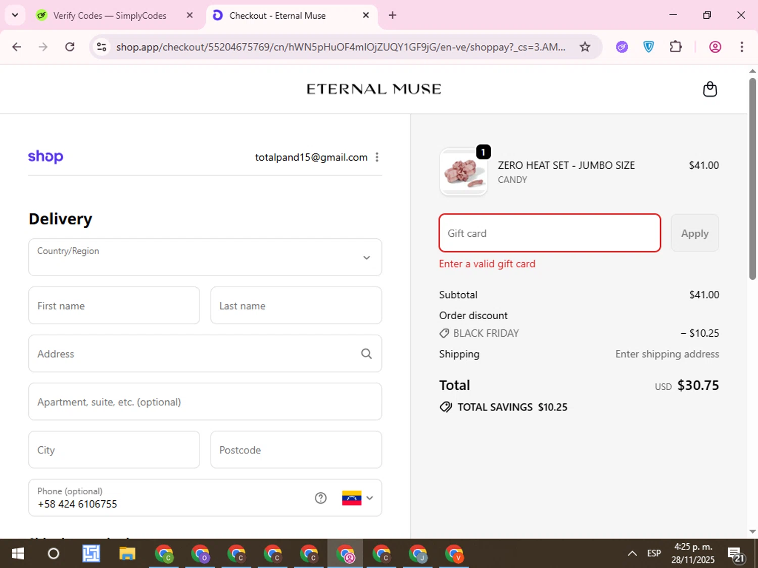 Eternal Muse discount code screenshot showing code EMMAFLICC applied at Eternal Muse checkout page. Uploaded by SimplyCodes community member QuestCurator1644 on Nov 28, 2025