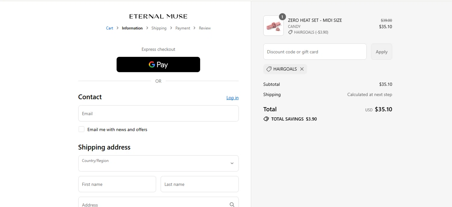 Eternal Muse discount code screenshot showing code HAIRGOALS applied at Eternal Muse checkout page. Uploaded by SimplyCodes community member varusitochambeador3 on Aug 21, 2025