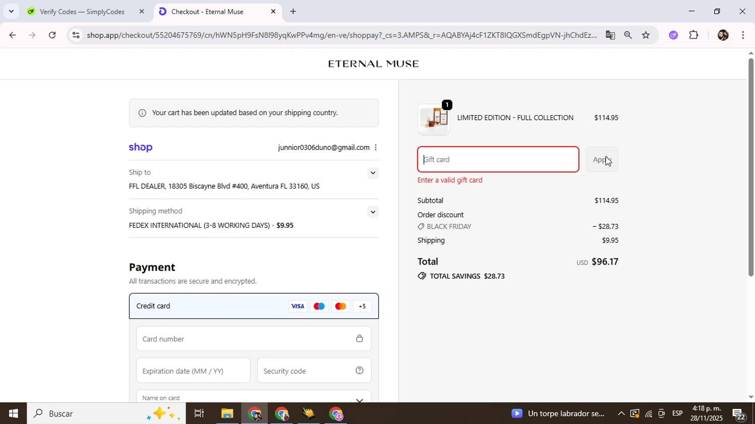 Eternal Muse discount code screenshot showing code HAIRGOALS applied at Eternal Muse checkout page. Uploaded by SimplyCodes community member Junniorduno on Nov 28, 2025