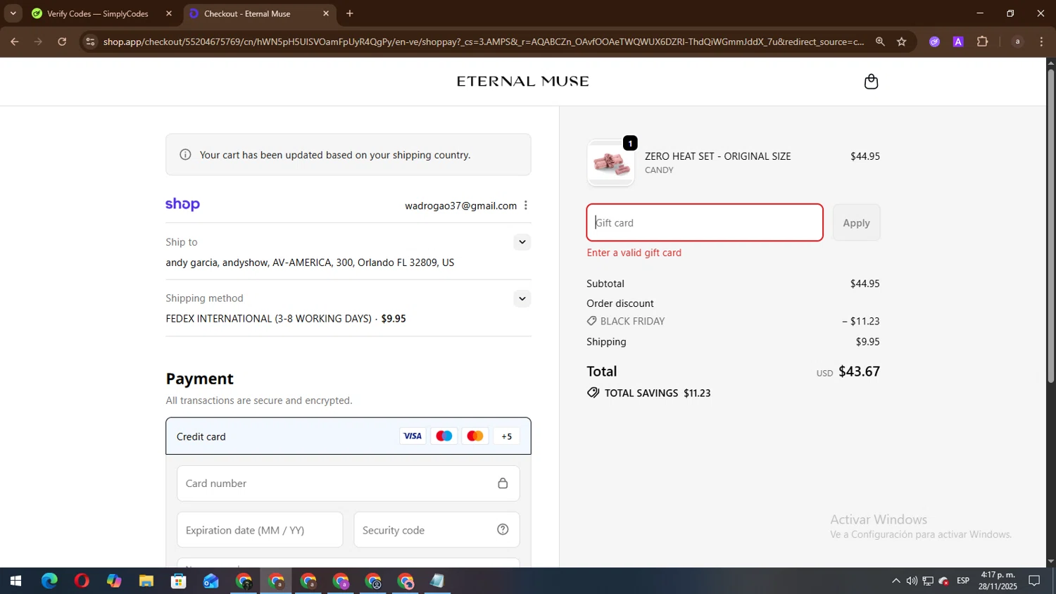 Eternal Muse discount code screenshot showing code HAIRGOALS applied at Eternal Muse checkout page. Uploaded by SimplyCodes community member lisandro on Nov 28, 2025