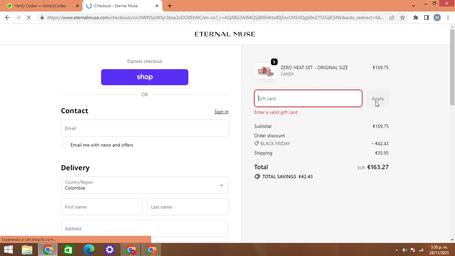 Eternal Muse discount code screenshot showing code BACKFORMORE applied at Eternal Muse checkout page. Uploaded by SimplyCodes community member AJOTAA on Nov 28, 2025