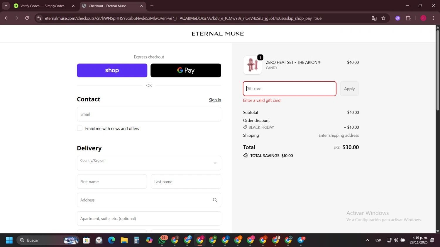 Eternal Muse discount code screenshot showing code BACKFORMORE applied at Eternal Muse checkout page. Uploaded by SimplyCodes community member FrugalFinder745 on Nov 28, 2025