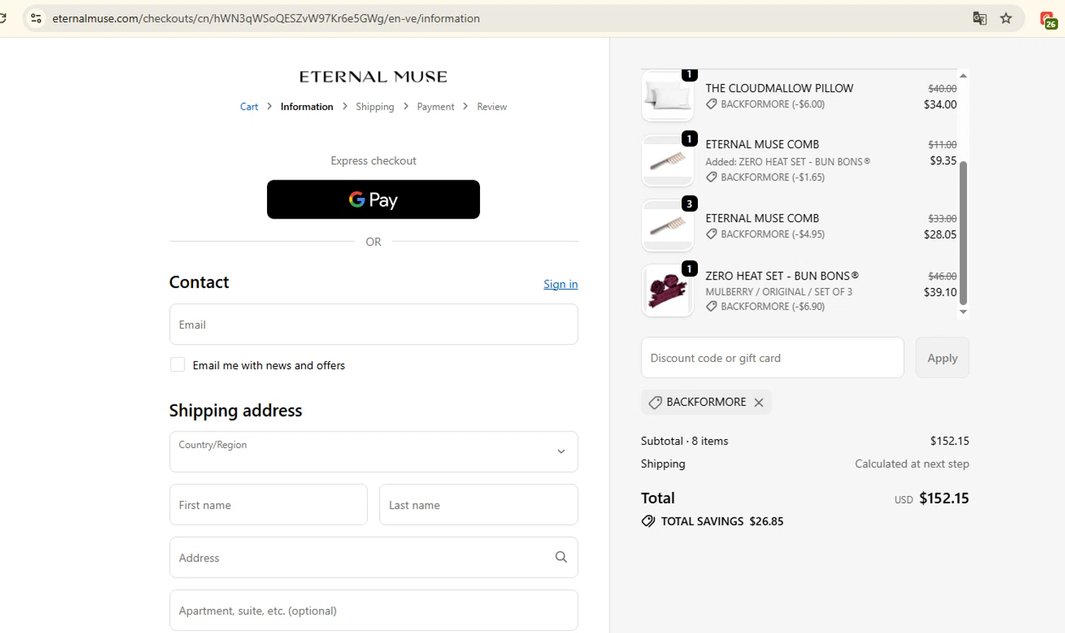 Eternal Muse discount code screenshot showing code BACKFORMORE applied at Eternal Muse checkout page. Uploaded by SimplyCodes community member manu_sito20 on Oct 7, 2025