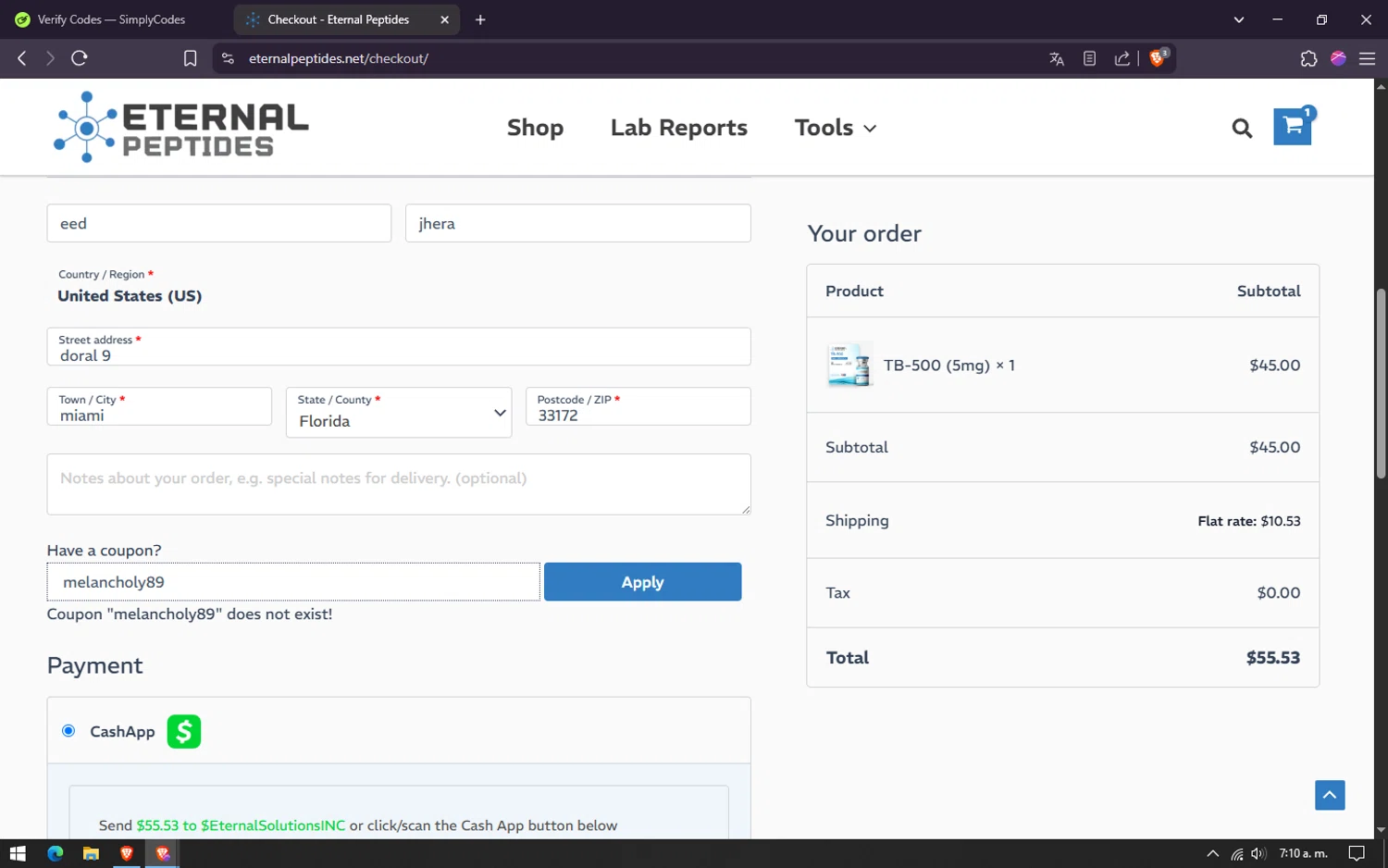 Eternal Peptides promo code screenshot showing code melancholy89 applied at Eternal Peptides checkout page. Uploaded by SimplyCodes community member lareinadecupones on Apr 21, 2025