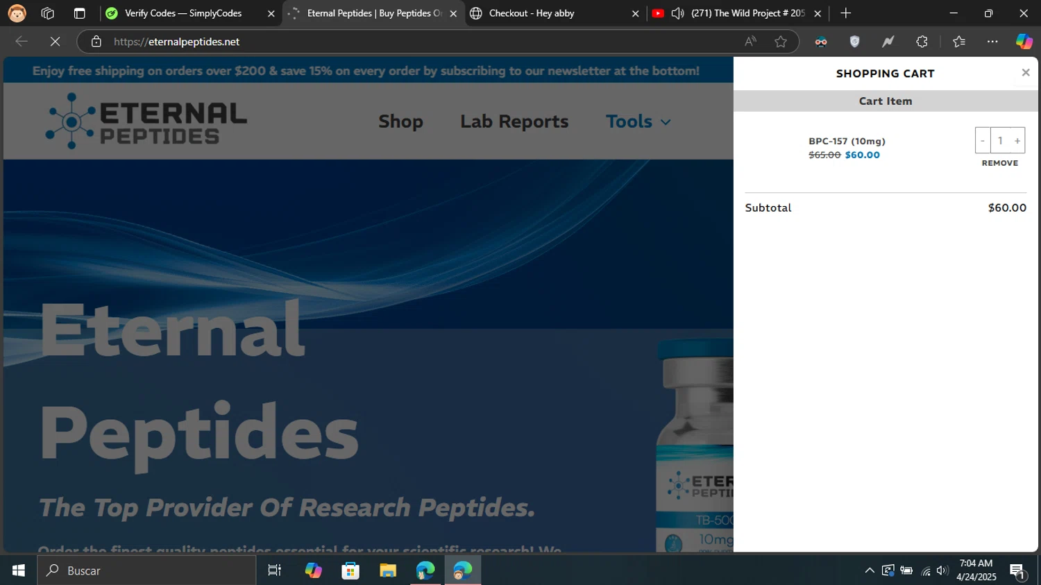Eternal Peptides promo code screenshot showing code pebota41 applied at Eternal Peptides checkout page. Uploaded by SimplyCodes community member Blackleg_Sanji on Apr 24, 2025