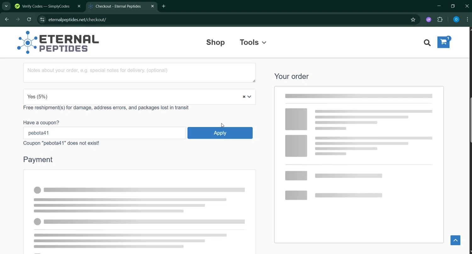 Eternal Peptides promo code screenshot showing code pebota41 applied at Eternal Peptides checkout page. Uploaded by SimplyCodes community member GoldAdmiral5202 on May 23, 2025