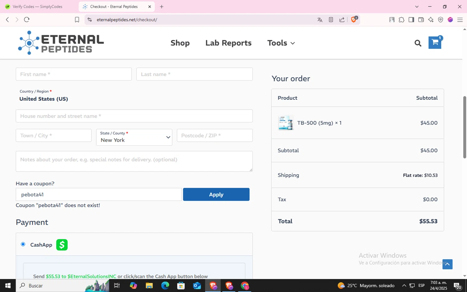 Eternal Peptides promo code screenshot showing code pebota41 applied at Eternal Peptides checkout page. Uploaded by SimplyCodes community member CodeLynx5272 on Apr 24, 2025