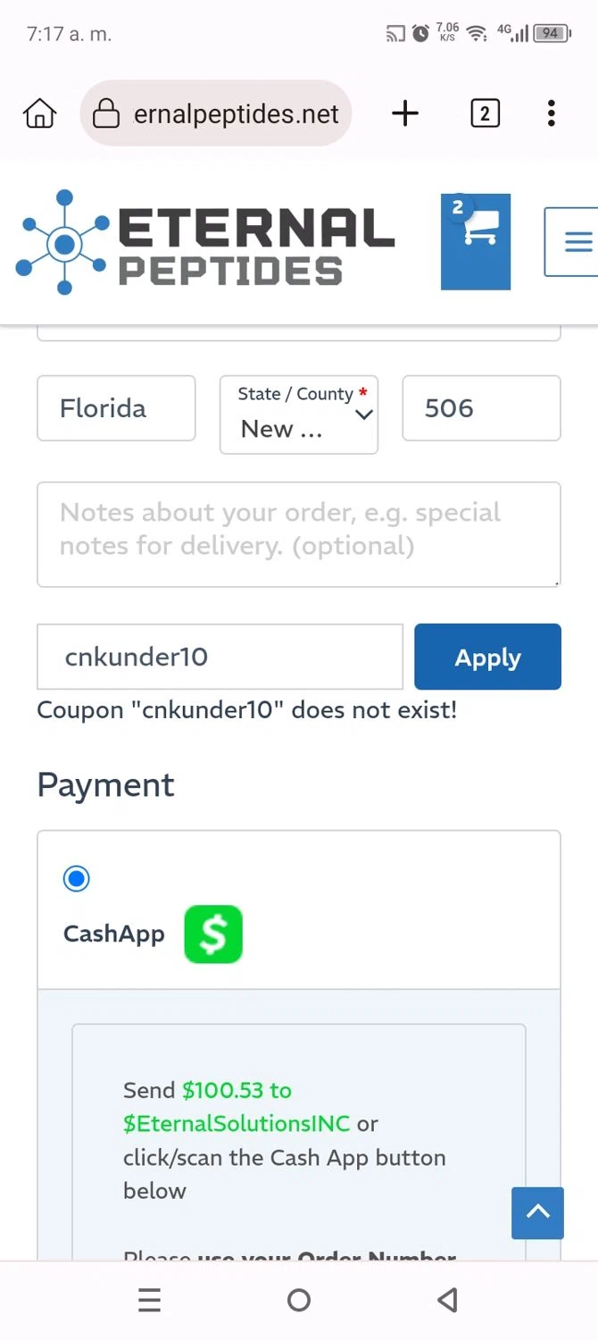 Eternal Peptides promo code screenshot showing code cnkunder10 applied at Eternal Peptides checkout page. Uploaded by SimplyCodes community member Anthony_Diaz on Apr 13, 2025