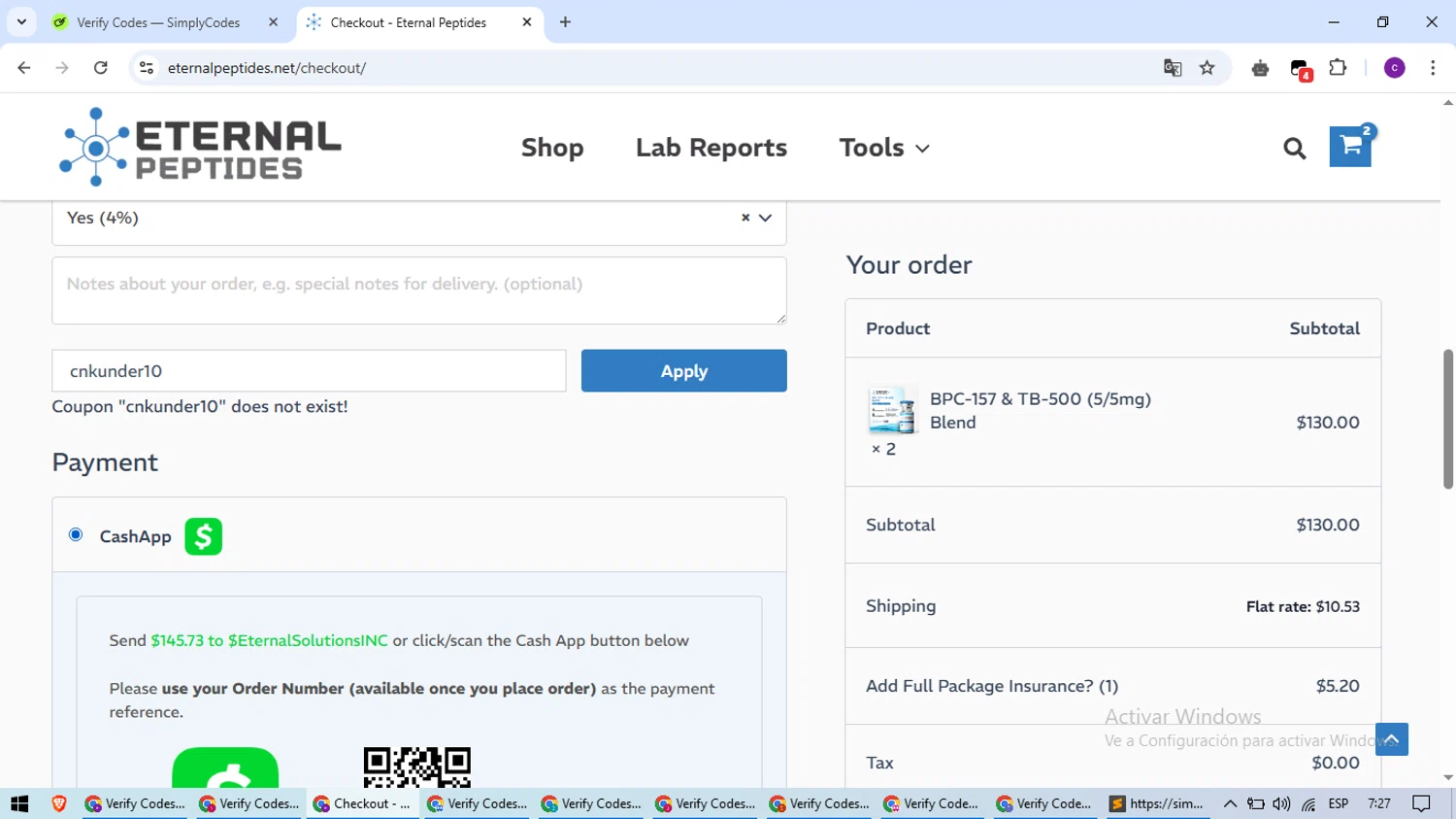 Eternal Peptides promo code screenshot showing code cnkunder10 applied at Eternal Peptides checkout page. Uploaded by SimplyCodes community member SavingsWarden1053 on Apr 13, 2025