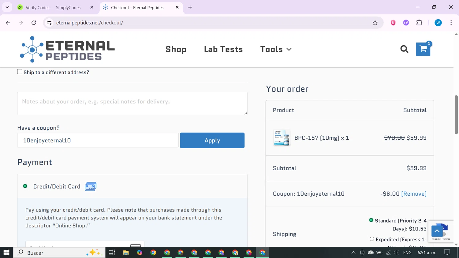 Eternal Peptides promo code screenshot showing code 10enjoyeternal10 applied at Eternal Peptides checkout page. Uploaded by SimplyCodes community member CrownShopper7142 on Nov 8, 2025