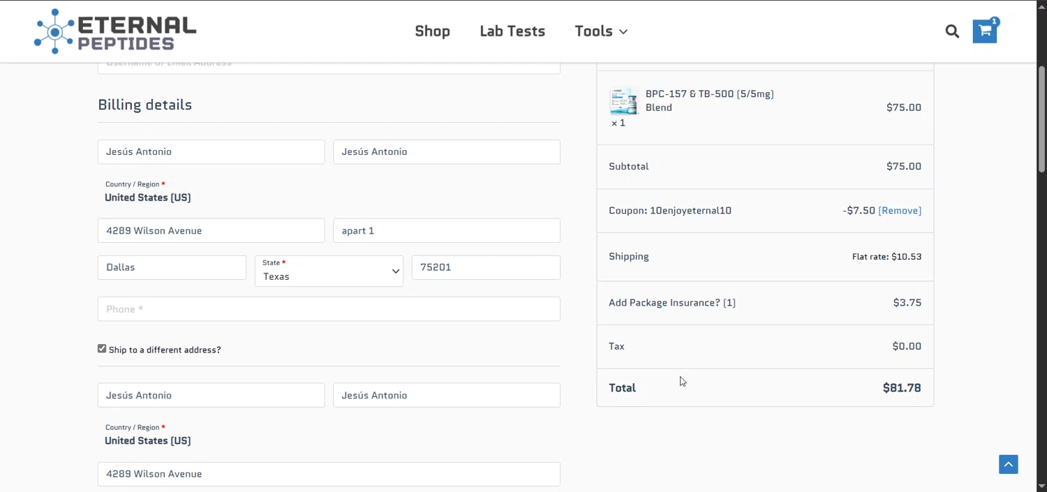 Eternal Peptides promo code screenshot showing code 10enjoyeternal10 applied at Eternal Peptides checkout page. Uploaded by SimplyCodes community member Raibelys_18 on Jun 16, 2025